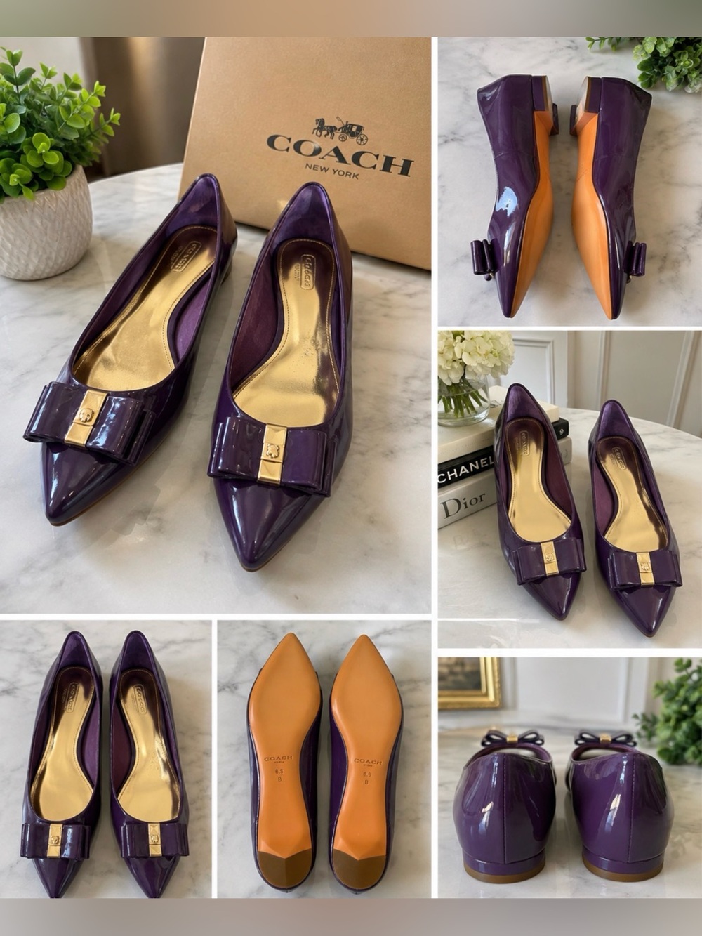 Coach Purple Patent Pointed-Toe Flats with Bow Accent